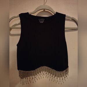 Faded Rose Black Beaded Fringe Crop Top